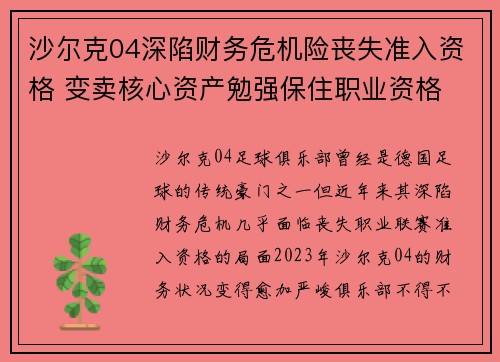 沙尔克04深陷财务危机险丧失准入资格 变卖核心资产勉强保住职业资格